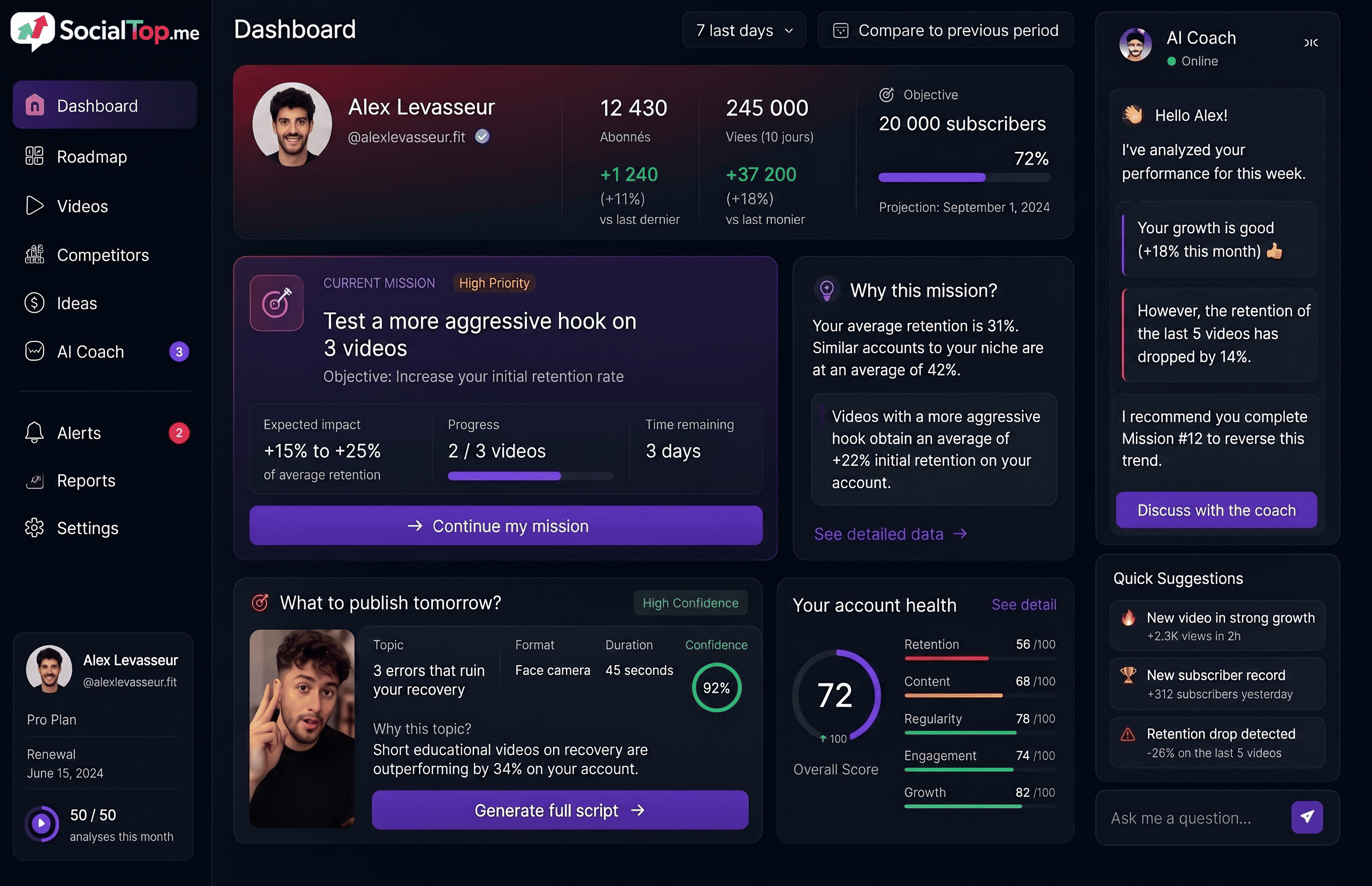 SocialTop dashboard — AI coach interface